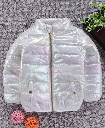 Babyhug Full Sleeves Metallic Bomber Jacket - White