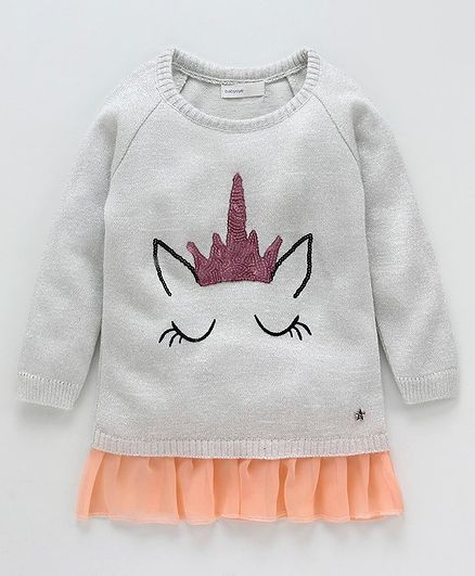 Babyoye Full Sleeves Sweater Sequin Unicorn Design - Silver Grey