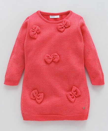 Babyoye Full Sleeves Sweater Bow Appliques Design - Coral