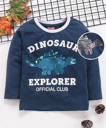 Babyhug Full Sleeves Tee Reversible Sequins Dino - Blue
