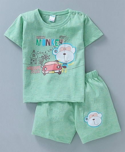 Tango Half Sleeves Tee With Shorts Monkey Print - Green