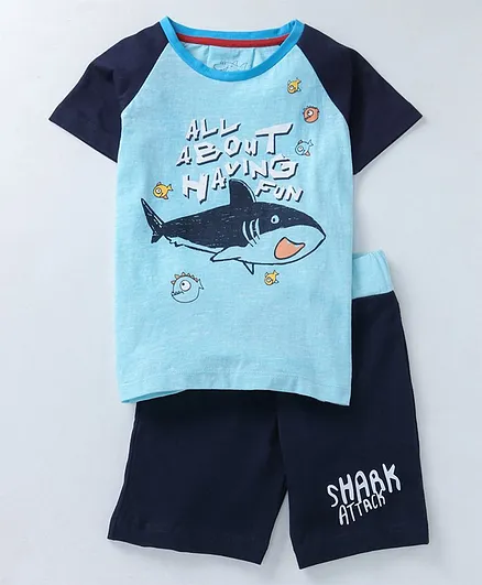 Lazy Shark Printed Half Sleeves T-Shirt & Shorts Set - Blue
