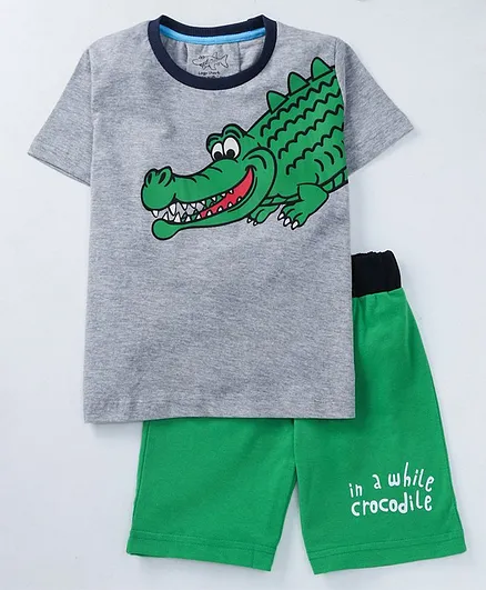 Lazy Shark Crocodile Print Half Sleeves T-Shirt & Shorts Set - Grey & Green