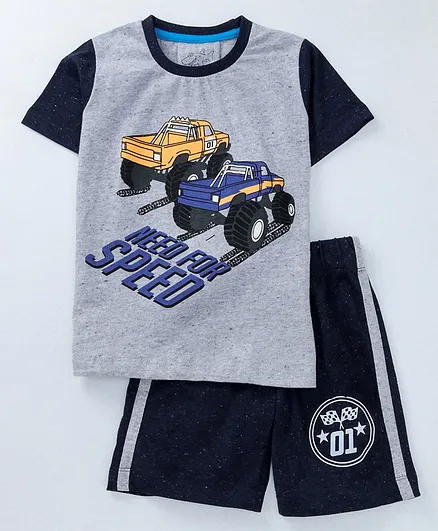 Lazy Shark Vehicle Print Half Sleeves T-Shirt & Shorts Set - Grey & Blue