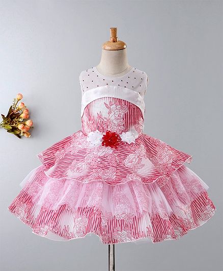Enfance Sleeveless Flower Print Layered Dress - Pink