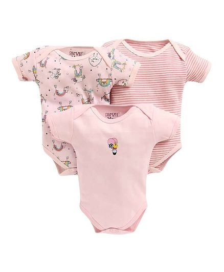 Bumzee Multi Prints Half Sleeves Pack Of 3 Onesies - Pink