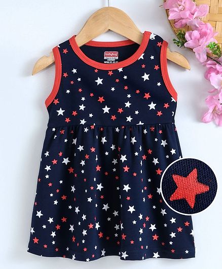 Babyhug Sleeveless Knitted Frock Star Print - Navy Blue