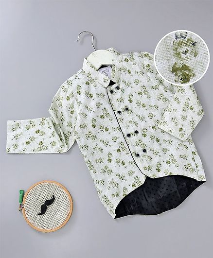 Knotty Kids Full Sleeves Flower Print Chinese Collar Neck Shirt - Green