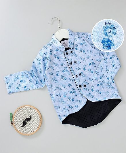 Knotty Kids Full Sleeves Flower Print Chinese Collar Neck Shirt - Blue