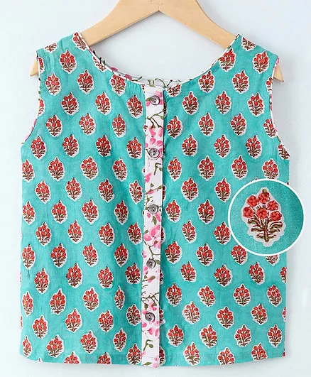 Silverthread Sleeveless Flower Block Print Top - Green