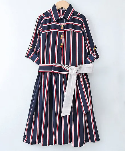 Silverthread Striped Full Sleeves Dress - Blue