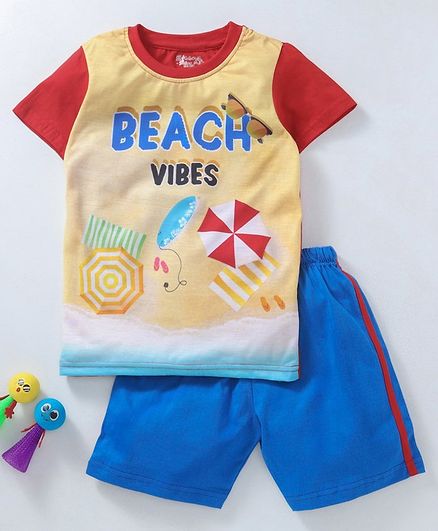 Eteenz Half Sleeves Tee & Shorts Beach Print - Blue Red