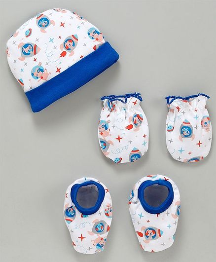 Babyhug Cotton Cap Mittens And Booties Puppy Print - White Blue