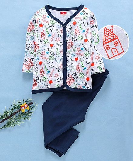 Babyhug Full Sleeves Cotton Night Suit Multi Print - White Navy