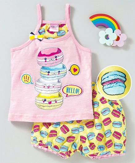 U R Cute Sleeveless Burger Print Tee With Shorts - Pink & Yellow