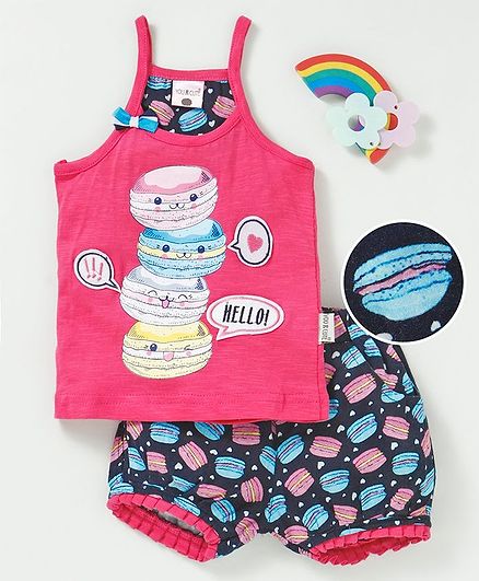 U R Cute Sleeveless Burger Print Tee With Shorts - Pink & Blue