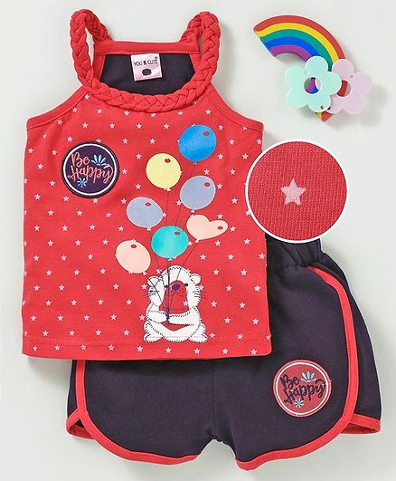 U R Cute Sleeveless Teddy Bear Print Tee With Shorts - Red & Blue