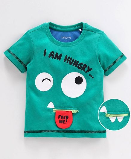 Babyoye Cotton Half Sleeves Tee I Am Hungry Print - Green