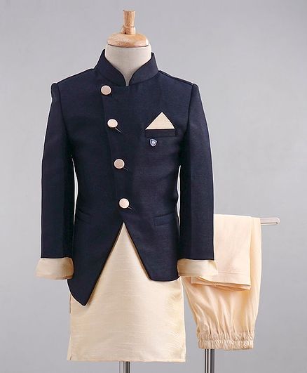 Babyoye Full Sleeves Sherwani With Kurta & Pyjama - Navy Blue