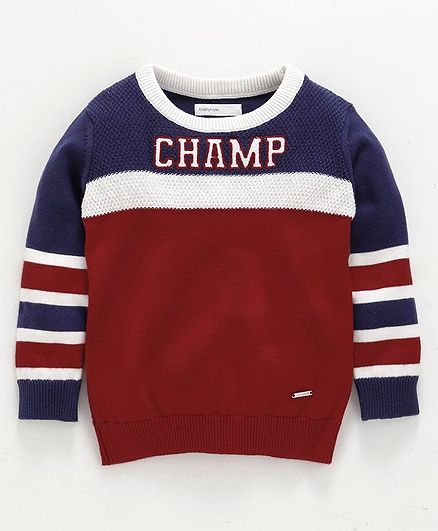 Babyoye Full Sleeves Acrylic Sweater Jacquard Champ Embroidery - Red Blue