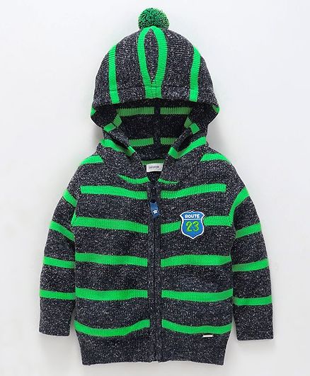Babyoye Full Sleeves Striped Hooded Sweater - Grey Green