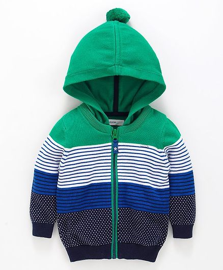 Babyoye Full Sleeves Striped Hooded Sweater - Green