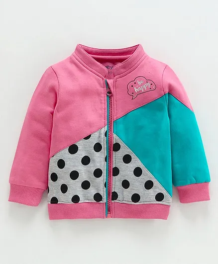 Babyoye Cotton Poly Full Sleeves Sweat Jacket Polka Dot Print - Pink