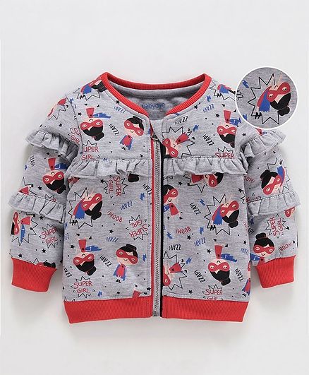 Babyoye Cotton Poly Full Sleeves Frilled Sweat Jacket Polka Super Girl Print - Grey