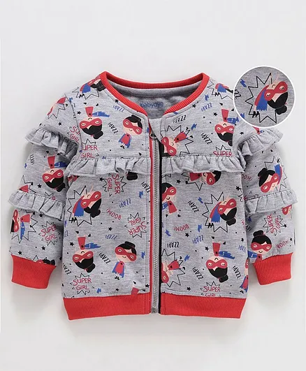 Babyoye Cotton Poly Full Sleeves Frilled Sweat Jacket Polka Super Girl Print - Grey