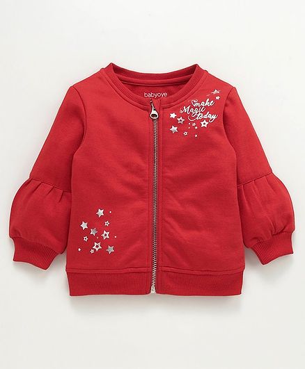 Babyoye Cotton Poly Full Sleeves Sweat Jacket Polka Glittery Stars Print - Red
