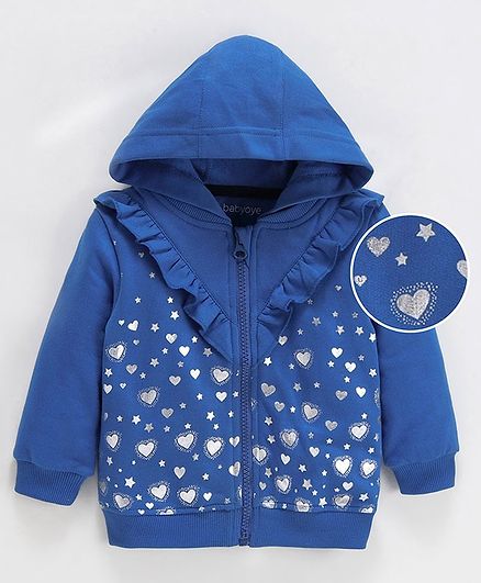 Babyoye Full Sleeves Hooded Jacket Heart Print - Blue