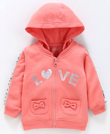 Babyoye Full Sleeves Hooded Cotton Embellished Sweat Jacket Bow Applique - Coral
