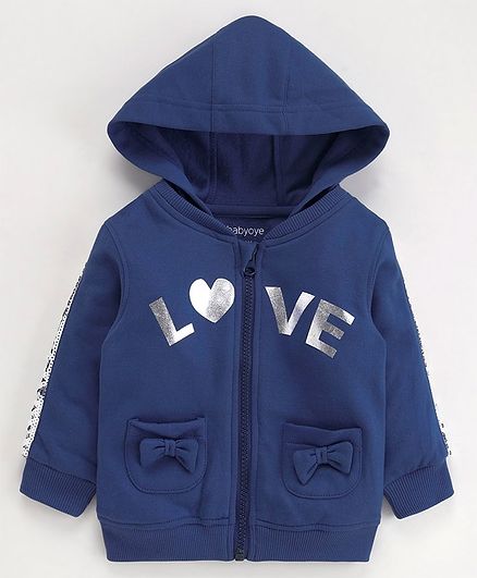 Babyoye Full Sleeves Hooded Cotton Poly Sweat Jacket Text Print & Bow Applique - Indigo Blue