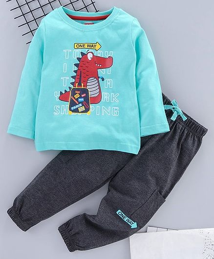 Babyhug Full Sleeves Tee & Lounge Pant Crocodile Print - Grey Green