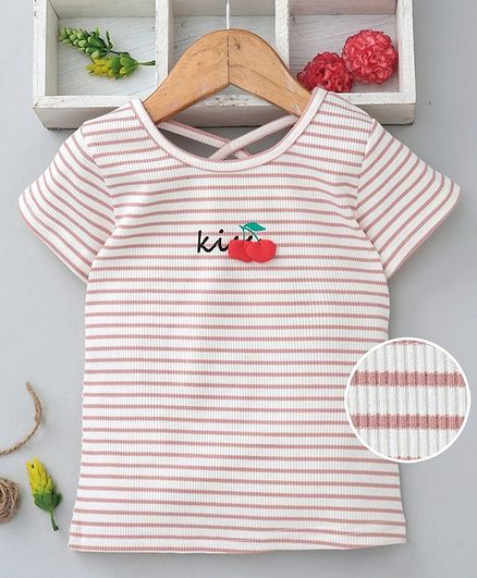 Meng Wa Half Sleeves Striped Top - Peach