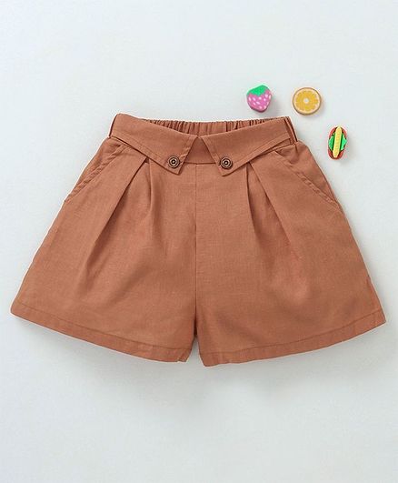 Meng Wa Elastic Waist Solid Shorts - Brown