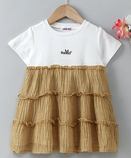 Meng Wa Half Sleeves Party Wear Frock - White & Golden