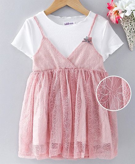 Meng Wa Half Sleeves Party Wear Frock - Pink & White