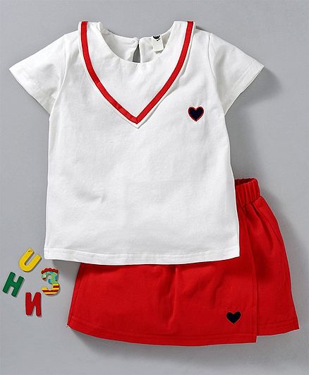 Meng Wa Half Sleeves Tee & Skort Set - White Red