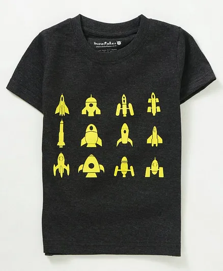 Snowflakes Half Sleeves Rocket Print Tee - Grey
