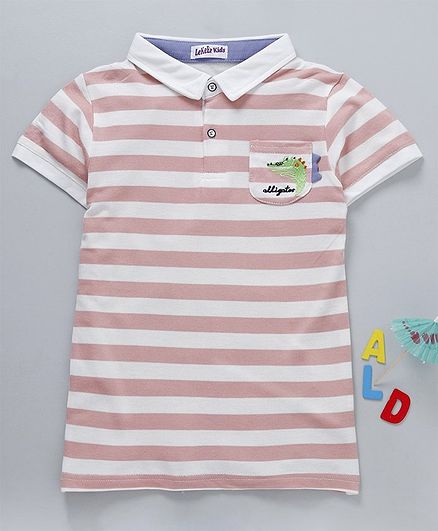Meng Wa Striped Half Sleeves Polo T-Shirt - Peach & White