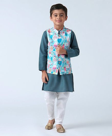 Babyoye Full Sleeves Kurta Pyjama Set With Jacket Fish Print - Teal blue