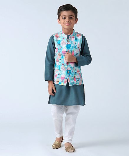 Babyoye Full Sleeves Kurta Pyjama Set With Jacket Fish Print - Teal blue