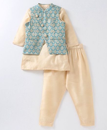 Babyoye Full Sleeves Cotton Poly Kurta And Pajama With Jacket - Beige Green