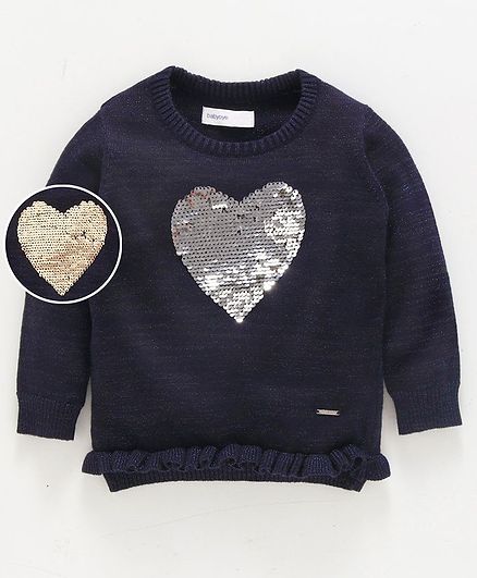Babyoye Full Sleeves Sweater Sequin Flip Heart Pattern - Navy Blue
