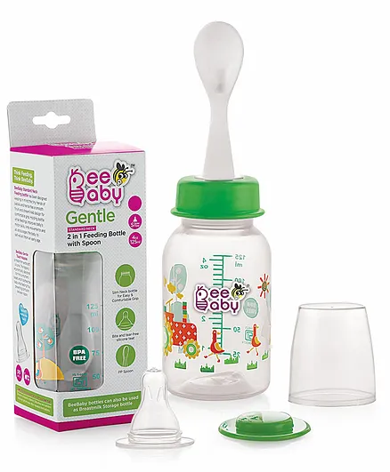 Beebaby Standard Neck Feeding Bottle With Spoon Green - 125ml