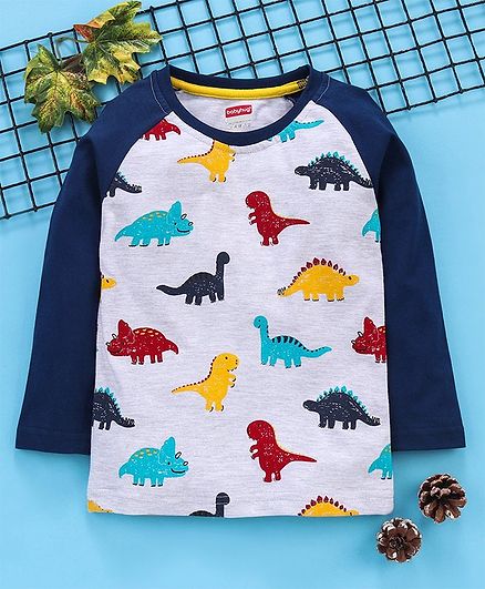 Babyhug Full Sleeves Tee Dino Print - Blue Melange