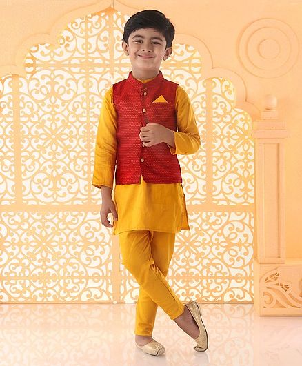 Babyoye Full Sleeves Cotton Poly Jacquard Kurta And Pyjama With Jacket - Red Yellow