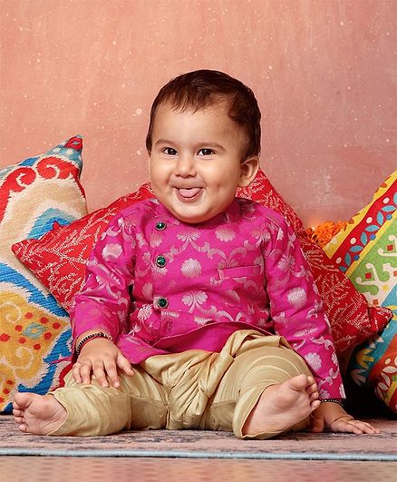 Babyoye Full Sleeves Sherwani With Pyjama Floral Embroidery - Pink