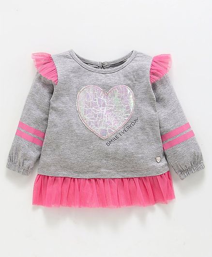 Babyoye Full Sleeves Cotton Top Heart Patch - Grey Pink